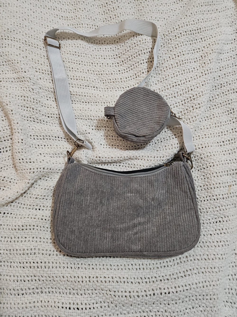 Gray Ribbed Crossbody Bag with Coin Pouch
